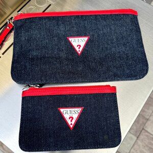 GUESS Denim Logo Wristlet Clutch + Small Pouch Set – Red Trim EUC